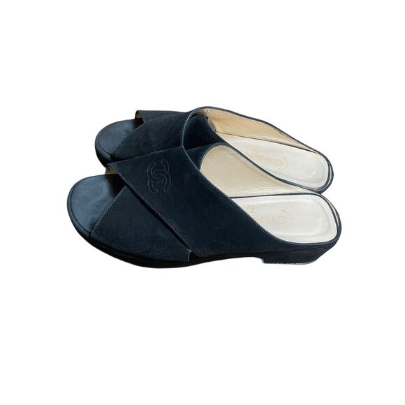 Chanel Women's Black Suede & Leather Slip-On Sandals-LT3005 - Picture 2 of 9